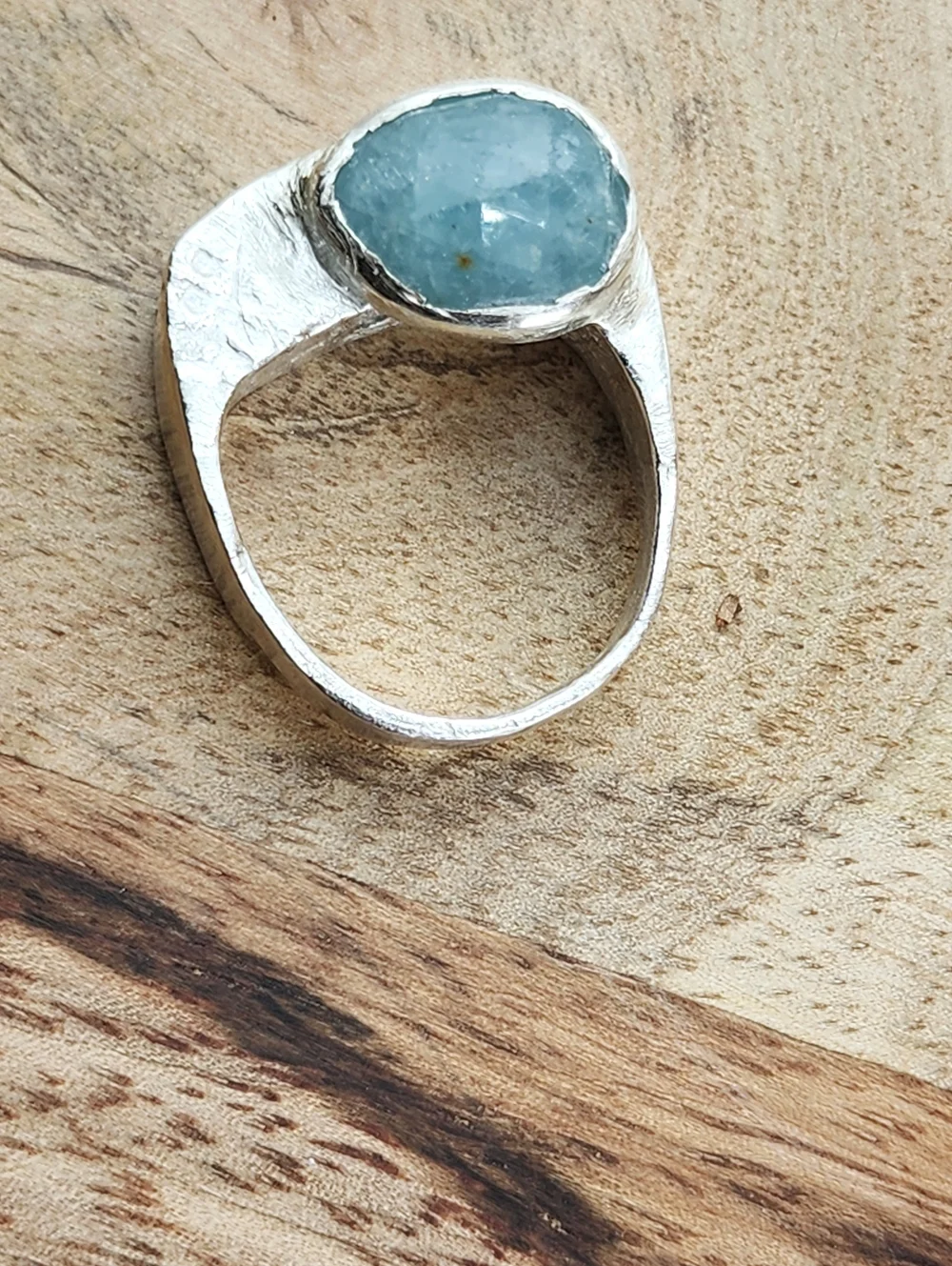 AQUAMARINE HALLOW EMBOSSED RING HANDMADE IN STERLING SILVER SIZE 7.50